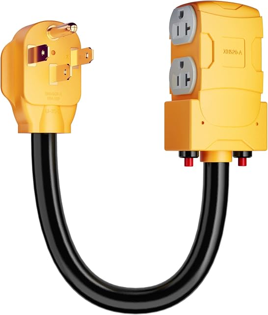 MECMO 50 Amp to 20 Amp 110V RV Distribution Adapter, NEMA 14-50P to 4 X 5-20R/15R RV 4-Prong to Mutiple Household Outlet w/ 20amp Circuit Breaker, UL Listed RV Generator Distribution Cord