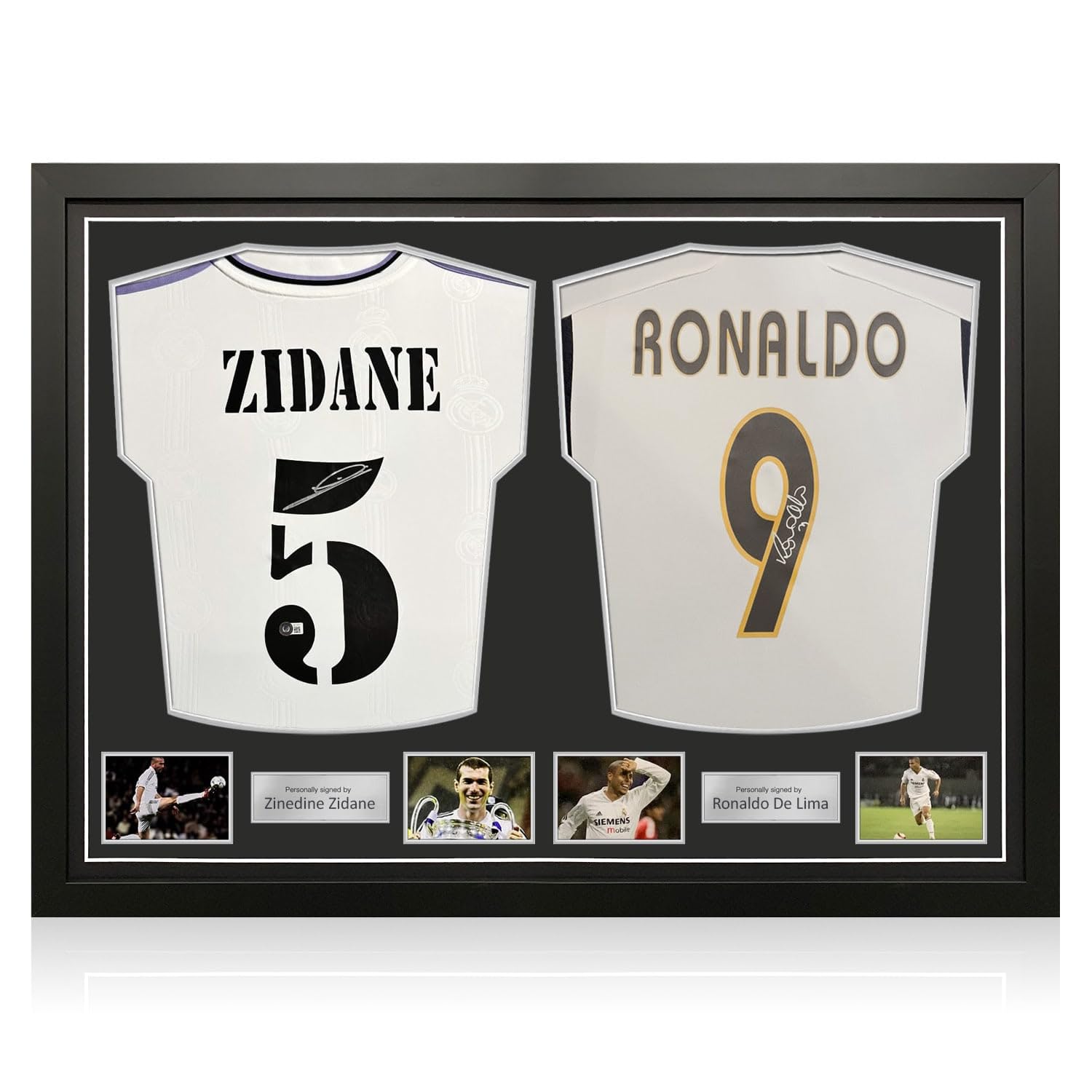 Zinedine Zidane and Ronaldo De Lima Signed Real Madrid Soccer Jerseys. Dual Frame
