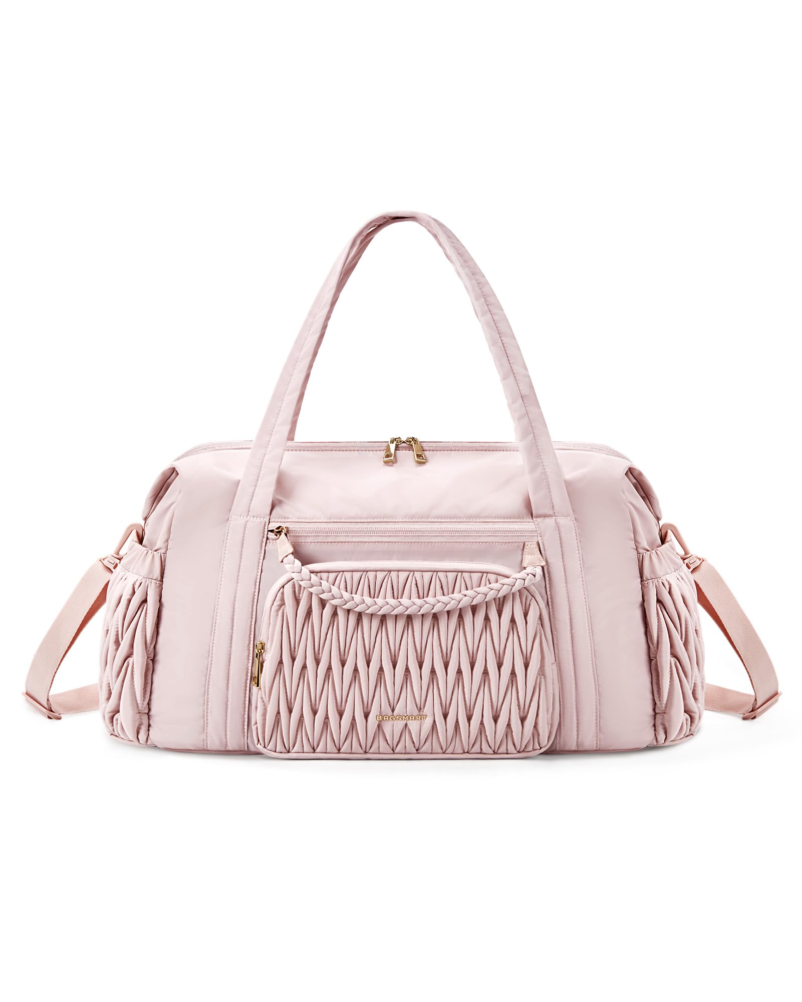 BAGSMART Quilted Duffle Bag for Women, Weekender Overnight Gym Travel Carry-On Bag, Pink