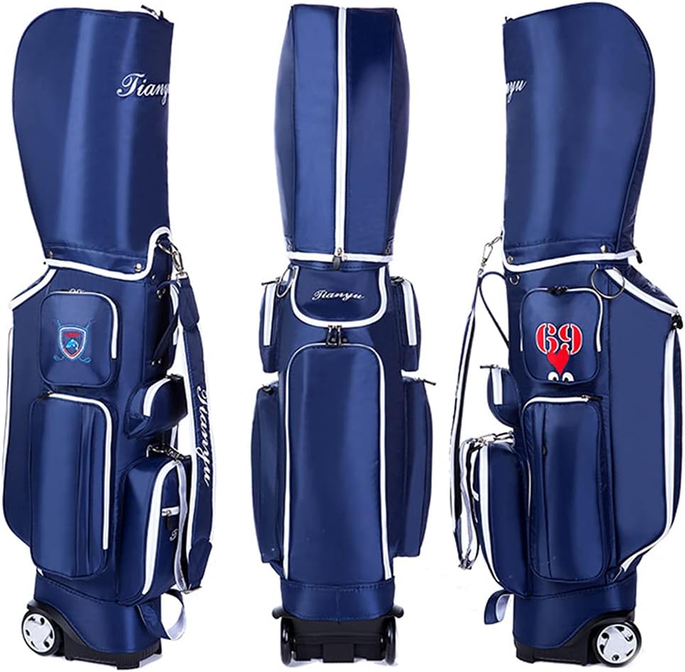 Golf Clubs Cart Carry Bag with Wheels with 5 Way Dividers, Portable Lightweight Golf Trolley Bag with Shoulder Strap, Blue