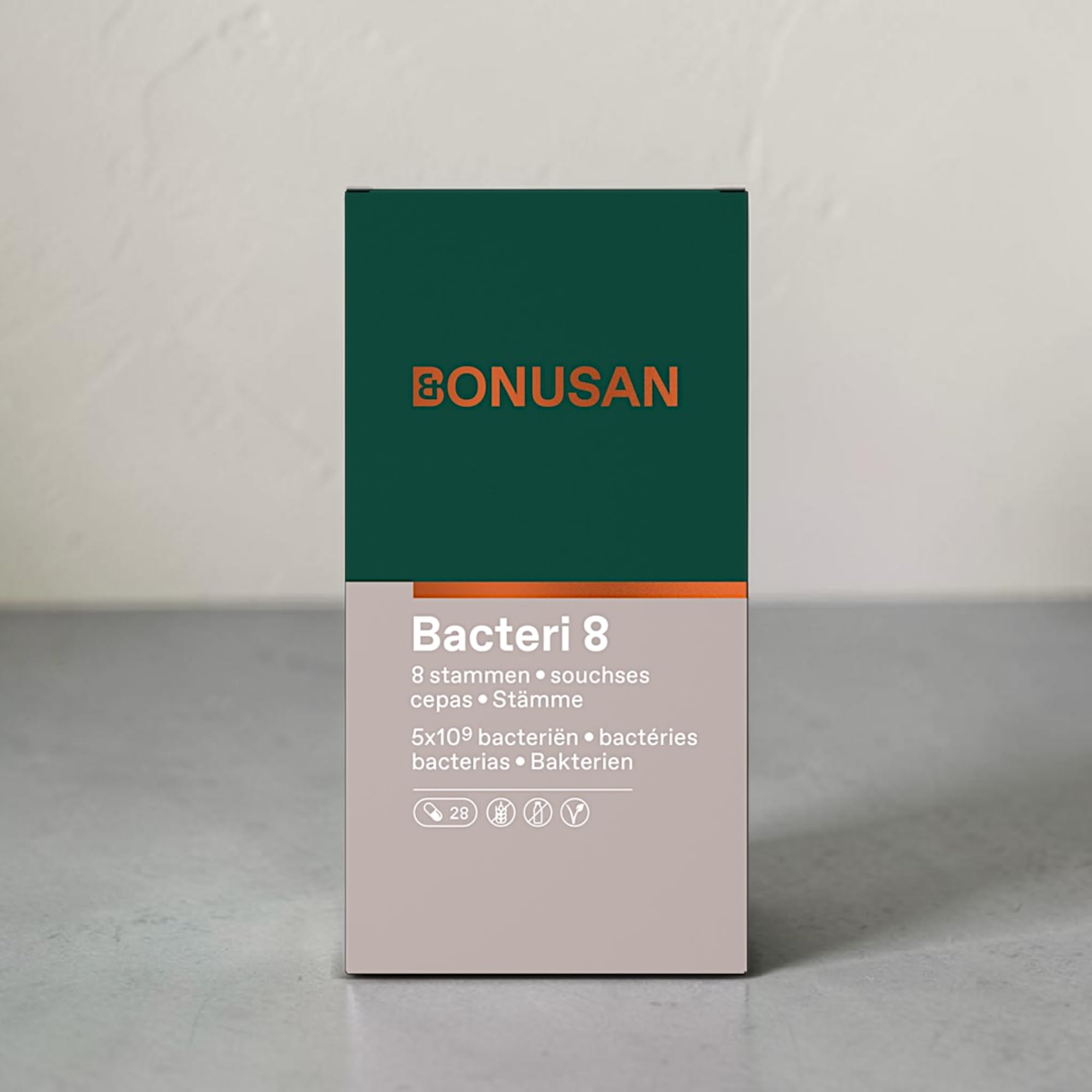 Bonusan Bacteri 8 de 28 Cápsulas - Complejo Probiótico de Amplio Espectro con 8 Cepas Bacterianas Seleccionadas - 5.000 Millones de Bacterias por Cápsula - Salud de la Flora Intestinal y Digestión