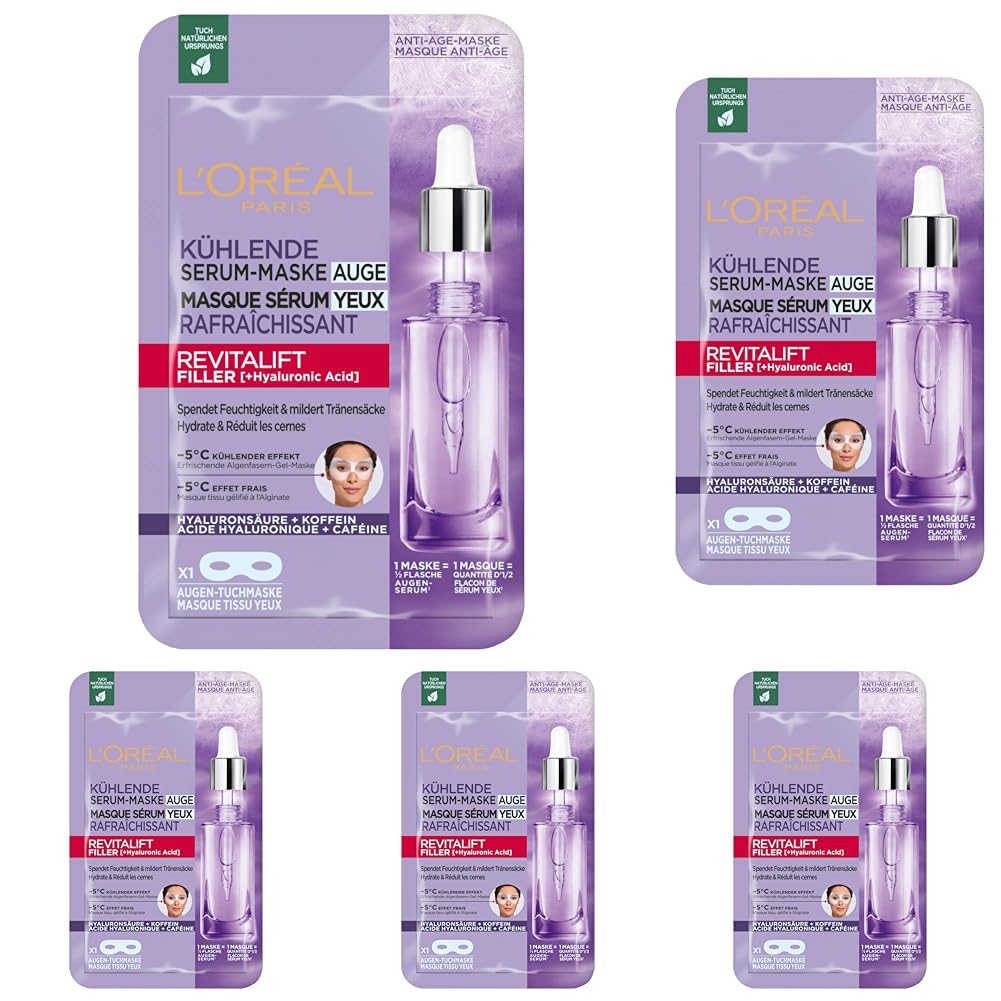 L'Oréal Paris - Eye Serum Tissue Mask - Moisturizing Anti-Wrinkle & Concealer for Eye Contour - With Pure Hyaluronic Acid and Caffeine - Revitalift Filler - 11g (Pack of 5)