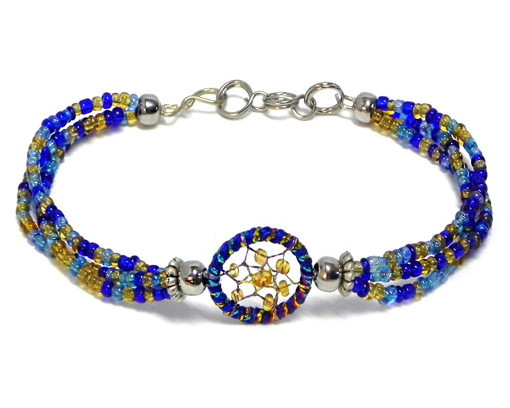 Mia Jewel Shop Sparkling Thread Dream Catcher Bracelet Multicolored Seed Beaded Multi Strand - Womens Southwest Fashion Handmade Jewelry Boho Accessories (Blue/Gold/Turquoise)