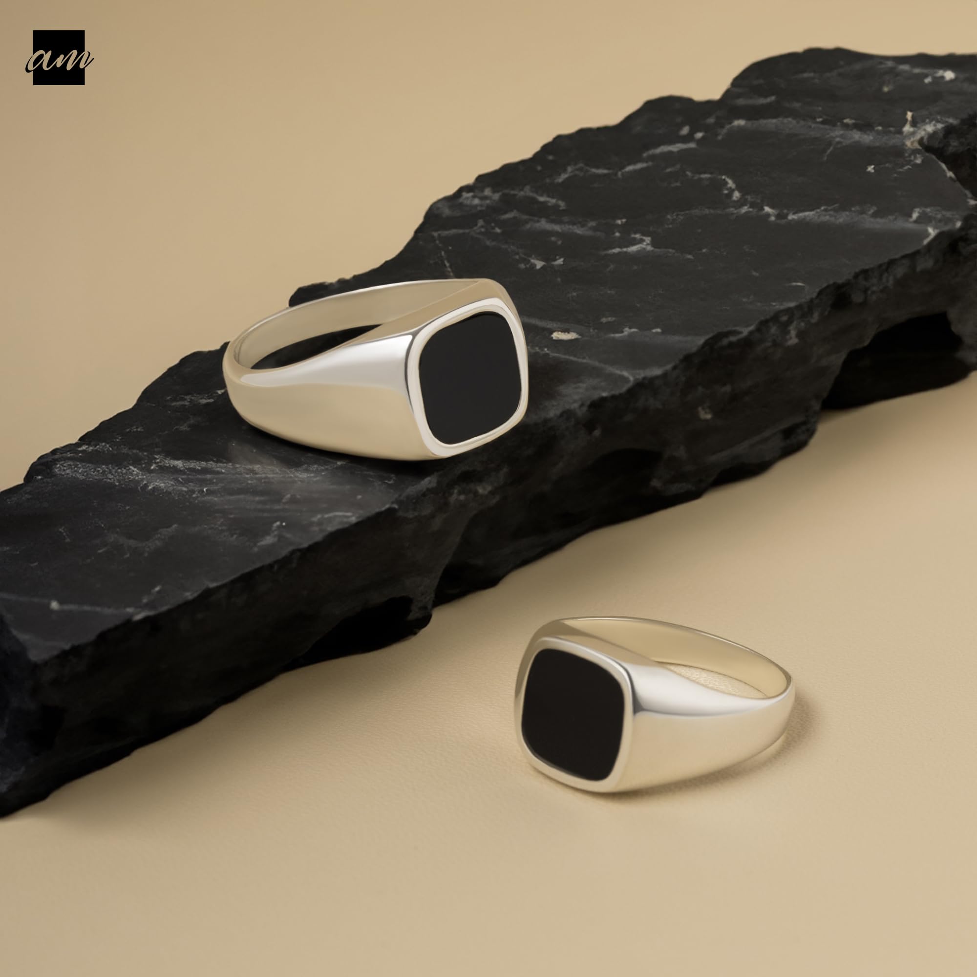 Amberta Anello per Uomo con Onice in Argento Sterling 925 | Anello da Mignolo per Uomo | Anello Uomo Nero | Anello Chevalier Uomo