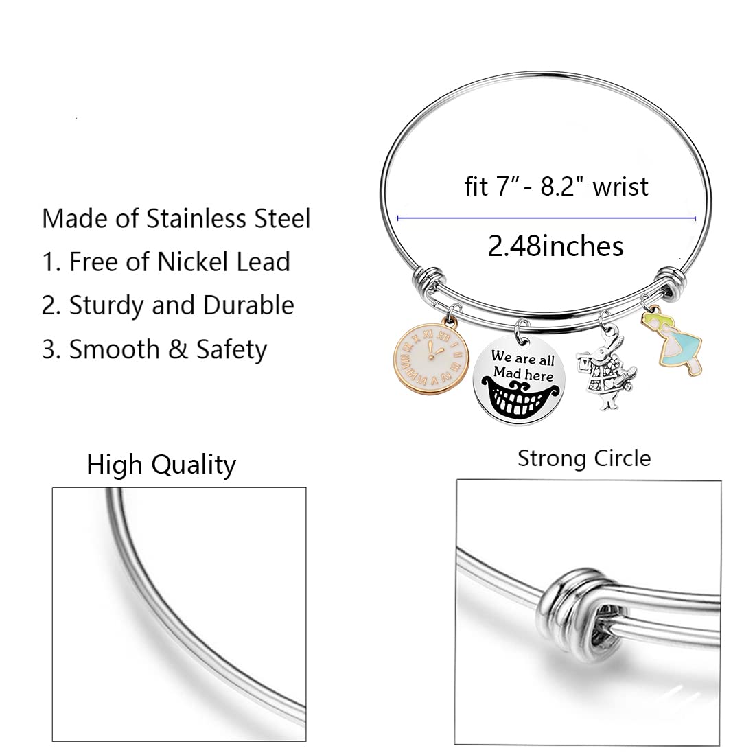 BNQL Alices Bracelet à breloques réglable inspiré du Chapelier fou, 2.5 inches, Acier inoxydable