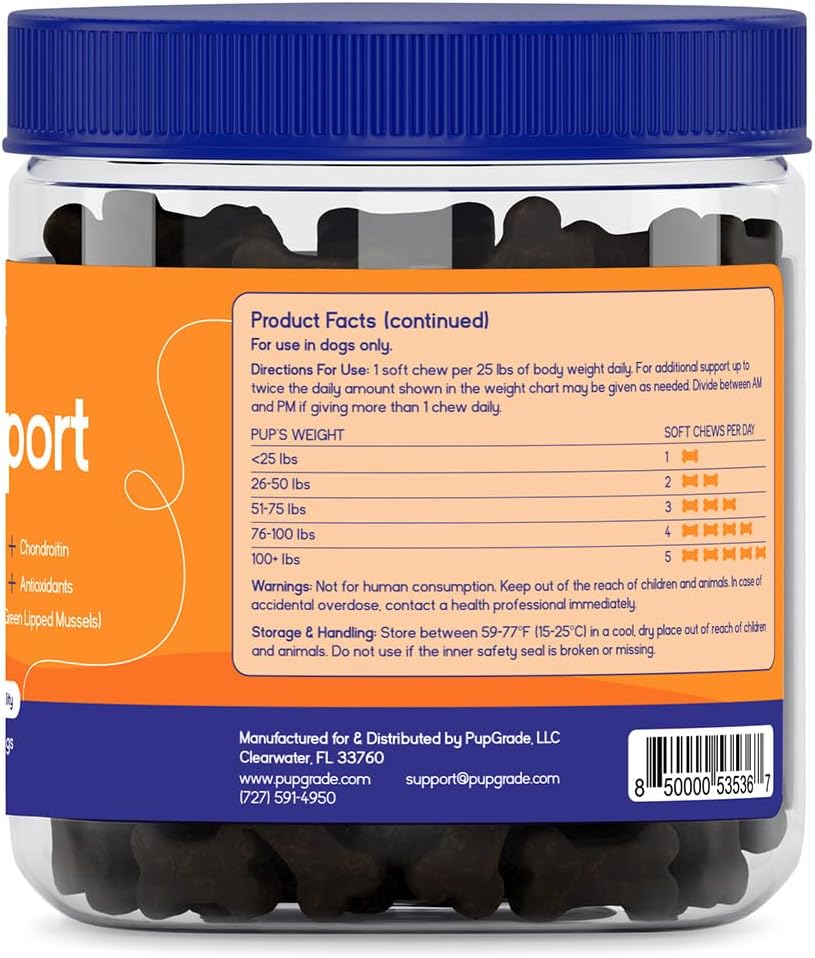 PupGrade Joint Support Supplement for Dogs - Glucosamine + Chondroitin with MSM and Perna - Supports Normal Hip & Joint Health for Occasional Discomfort, Peanut Butter Flavor - 60 Soft Chews