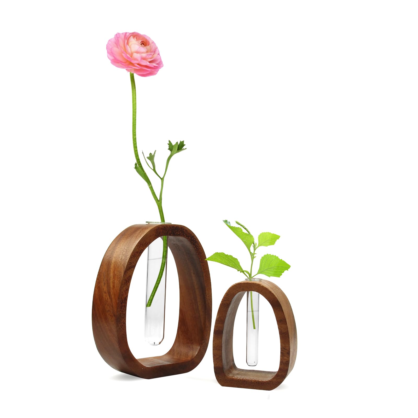 Suerhatcon Test Tube Vases with Wood Frame, Set of 2 Glass Test Tube Vase for Hydroponic Plants Cuttings and Decoration
