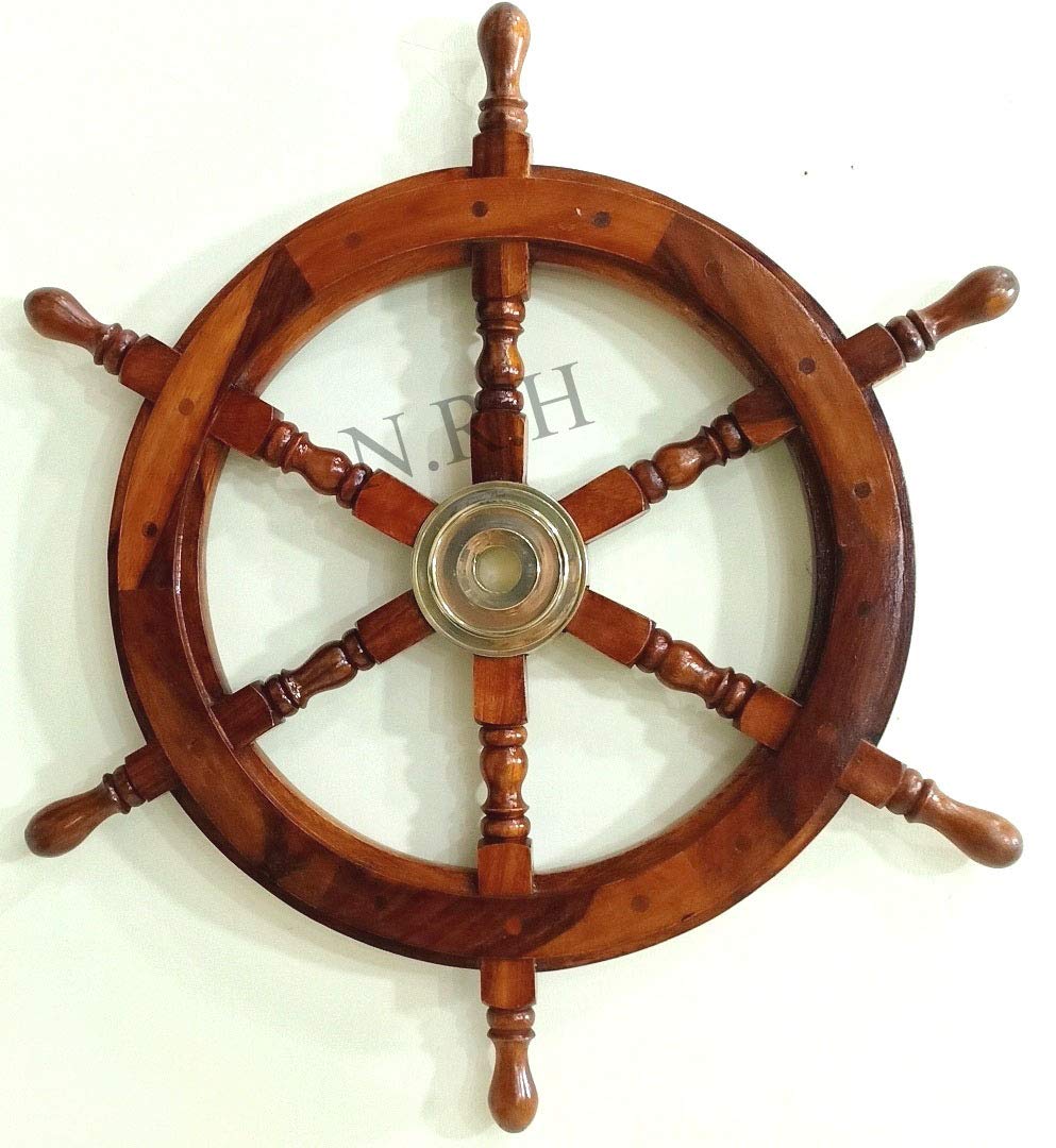 Nautical Vintage Home Decorative Wooden Ship Wheel, Brass & Brown, 45.7L x 30.5W cm - Image 2