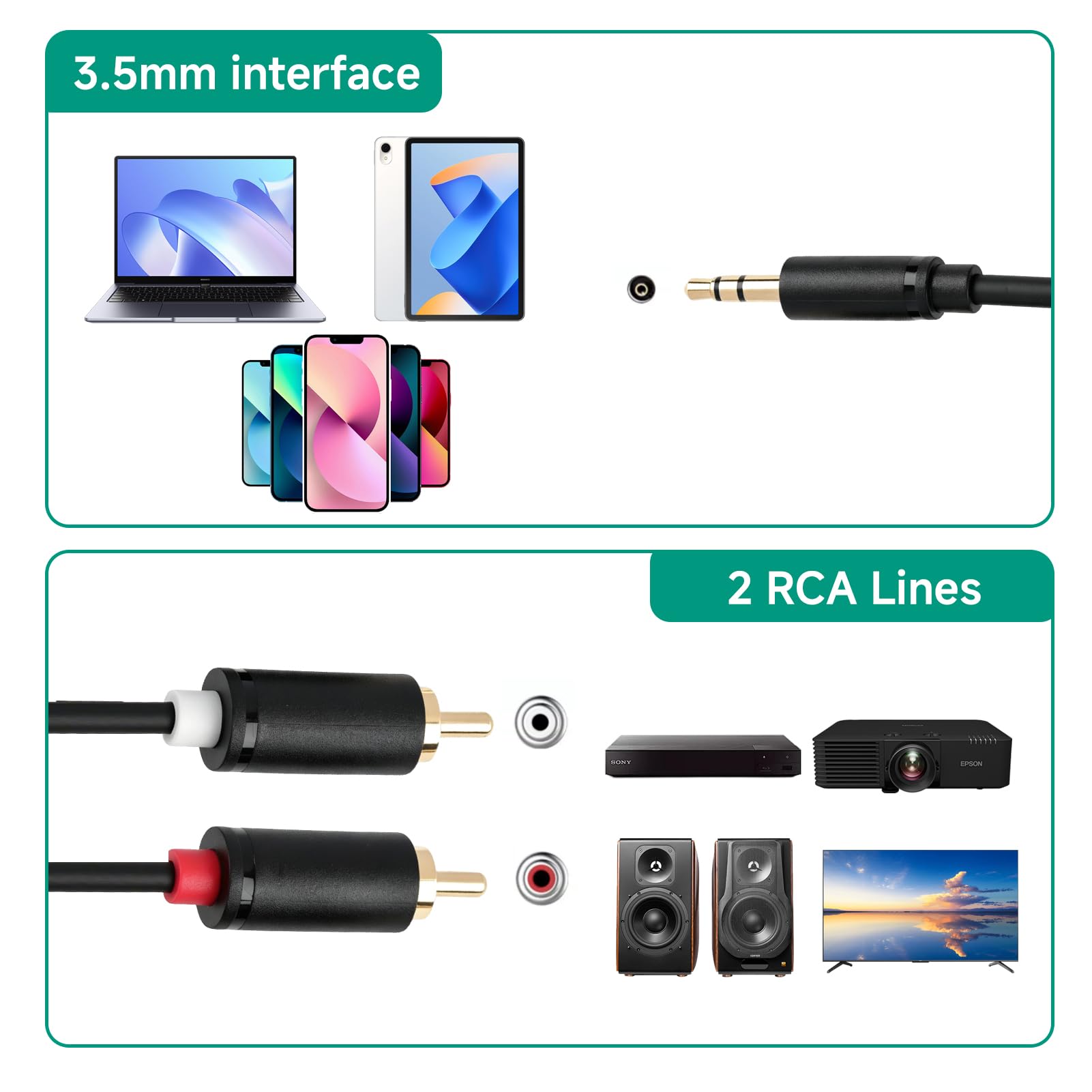 Cinch-Kabel Klinke auf Cinch 3,5 mm, Audiokabel 3,5 mm auf 2 Cinch-Stecker, 2 m, Stereo, AUX auf Cinch-Stecker, vergoldet, kompatibel mit TV, PC, Smartphone, Tablet, Verstärker, Soundbar, Heimkino