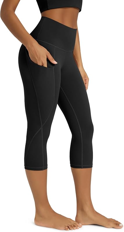 ODODOS Capris de yoga de cintura alta para mujer con bolsillos, control de barriga, no transparente, entrenamiento, atletismo, correr, capri