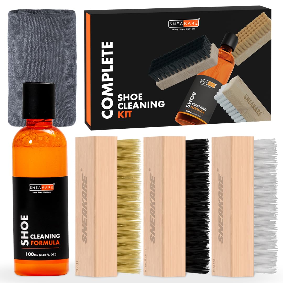 SNEAKARE Complete Shoe Cleaning Kit - Contains 100ml Shoe Cleaner, 3 Brushes (Soft, Medium & Stiff Bristles) & 1 Micro-Fibre Shoe Cleaning Towel - Suited for Sneakers, Shoes, Sports Shoes & More (B0BZCKNFML) Amazon Price History, Amazon Price Tracker