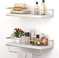 Shario White Floating Shelves Set of 2 with Gold Towel Rack - 15.7" Solid Cedar Wood Wall Shelves for Bathroom, Kitchen, Bedroom Storage