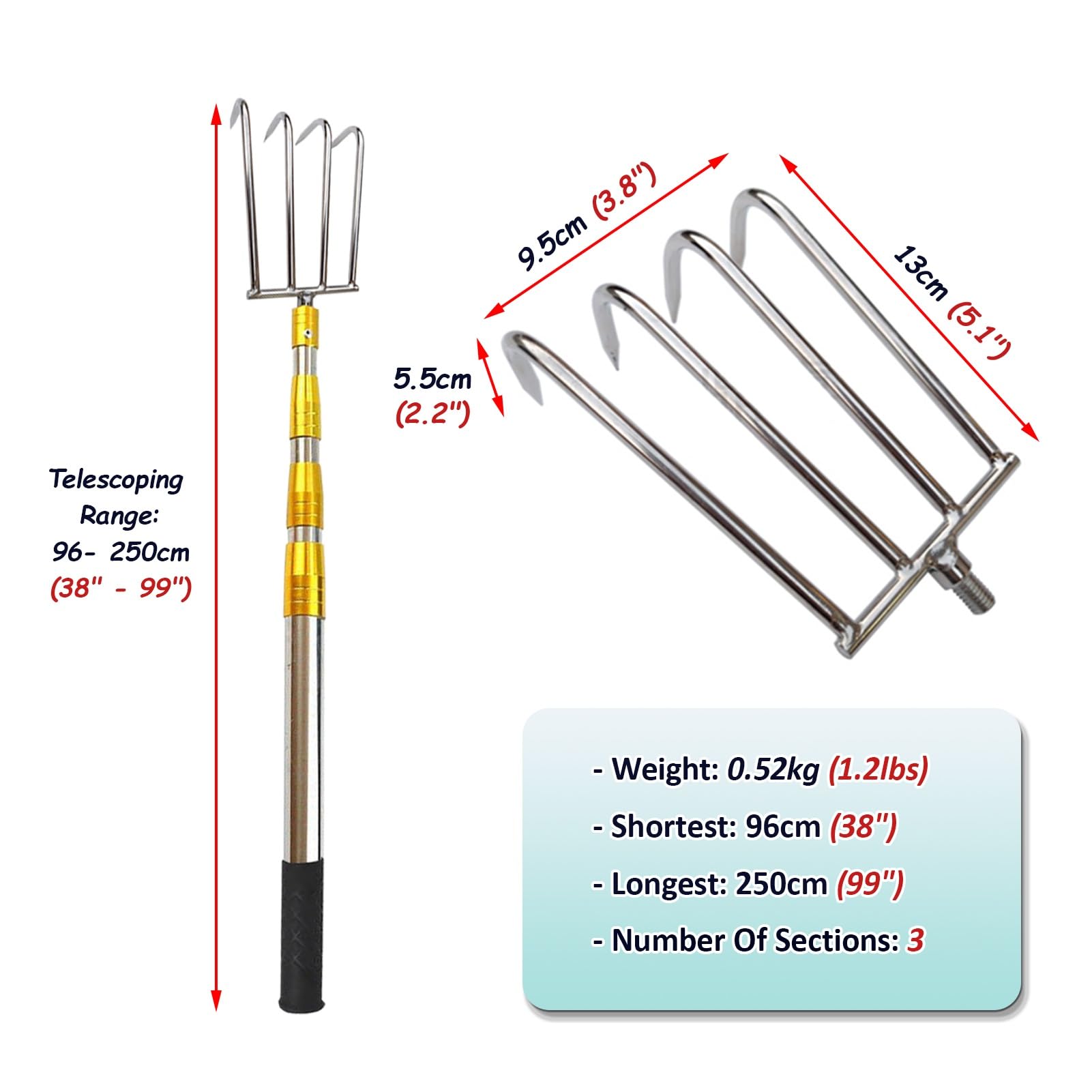 Mezzo Marinaio per Barca Gancio di Raccolta/Asta per Mezzo Marinaio 60-600 cm, Attrezzo di Presa in Acciaio Inox/Rimozione Detriti Arborei, Asta Telescopica Push-pull(4-Claw,96-250cm/38" - 99")