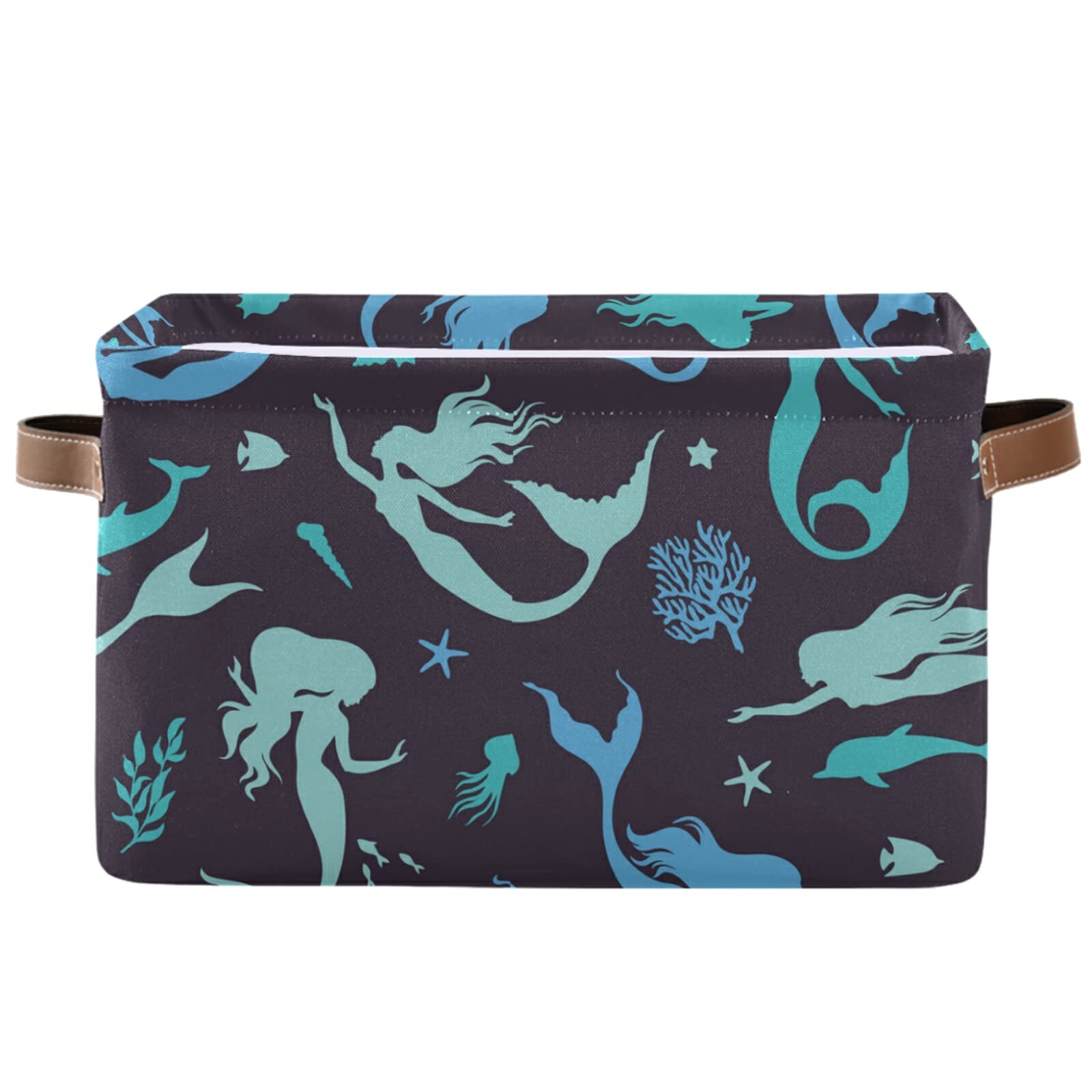 Wfrish Mermaid Seashells Fihes Storage Basket Fish Dolfins and Seaweeds Silhouette Pattern Storage Bin Storage Box with Handles Laundry Baskets Organizer Bedroom Bathroom Decor 1 Pc