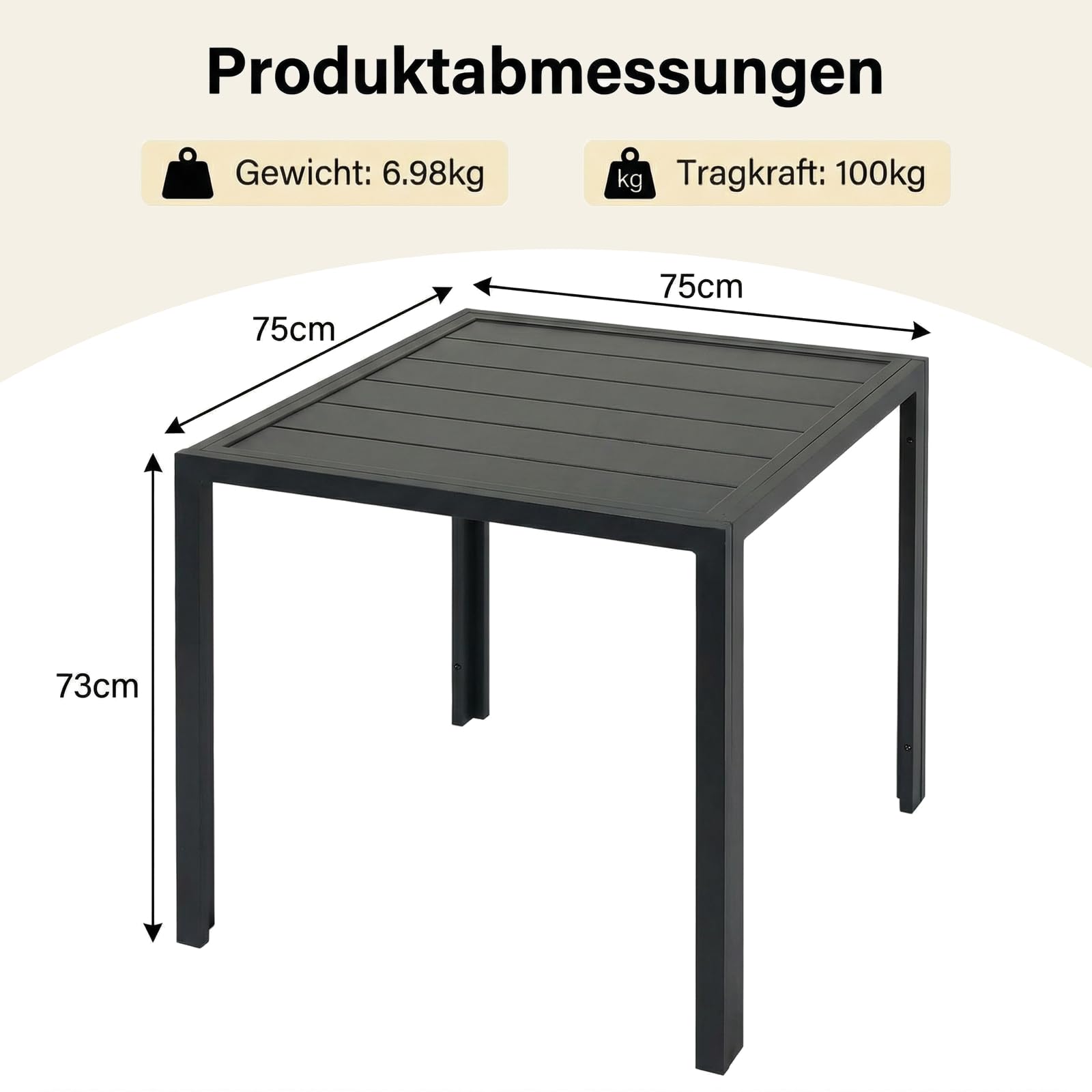 LIFERUN Gartentisch Wetterfest klein, 75x75 cm Aluminium Balkontisch | Outdoor Quadratisch Terrassentisch Vollmetalltisch für Garten, Terrasse und Balkon, Schwarz (11 cm schmales Brett)