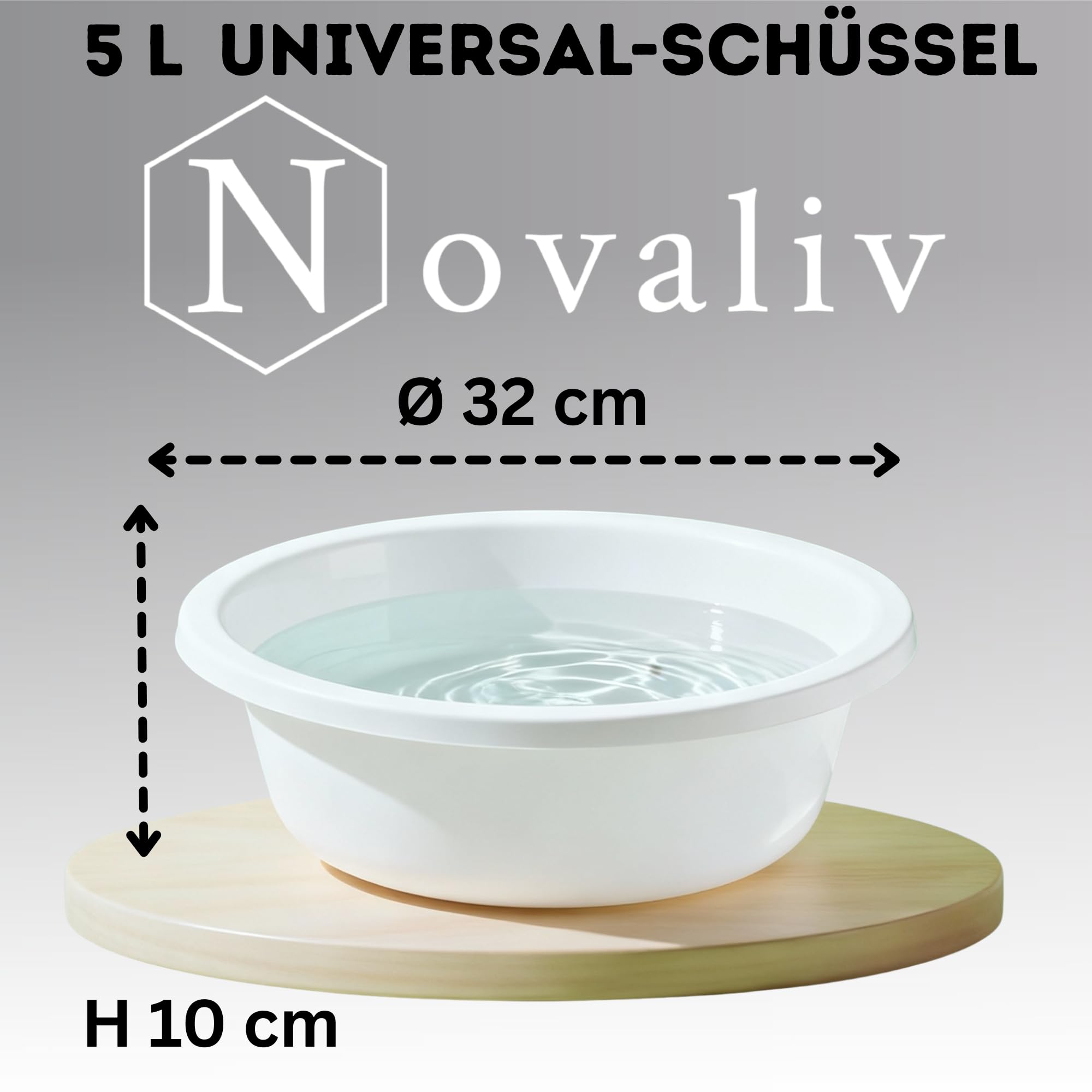 Novaliv Lot de 10 bols à vaisselle ronds 5 l, diamètre 32 cm, blanc, sans BPA et passent au lave-vaisselle ? Idéal pour la cuisine et le camping, bol rond, en plastique, bol à laver, bol en plastique