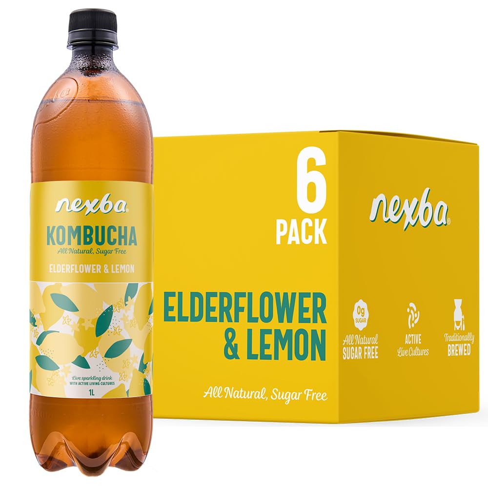 Nexba Elderflower & Lemon Kombucha 1 L (Pack of 6) – All Natural, Sugar Free & Healthy Floral & Citrusy Tonic