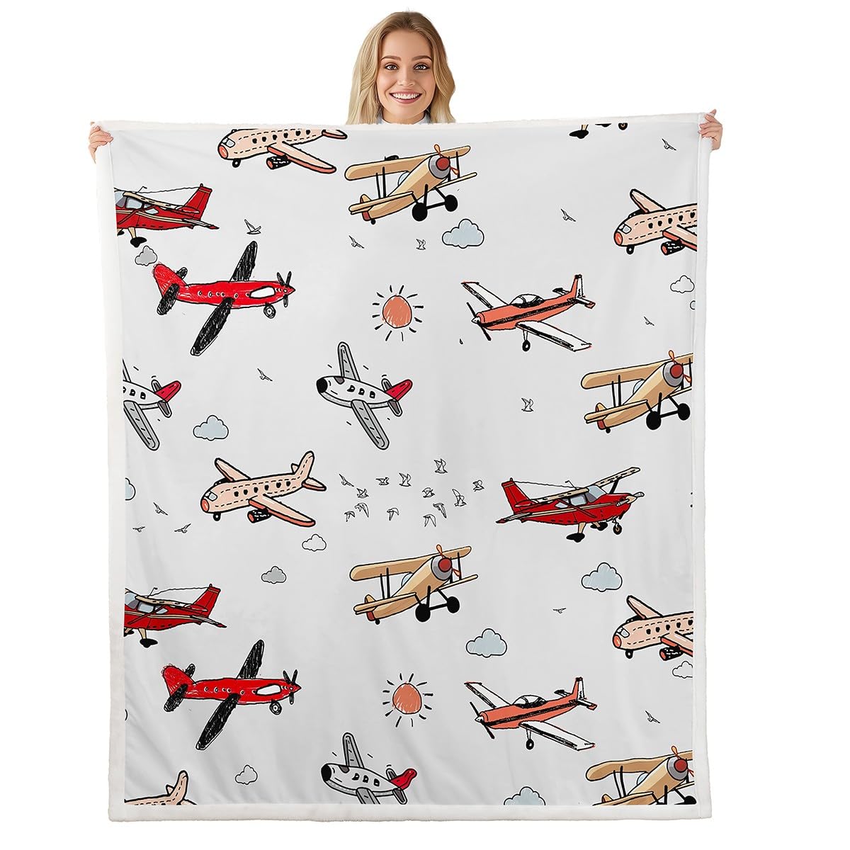 Cartoon Airplane Kids Plush Blanket,Colorful Aircraft Print Aviation Style Bed Blanket Home Decor Gift,Sun Cloud Sky Birds Animal Modern Style Fuzzy