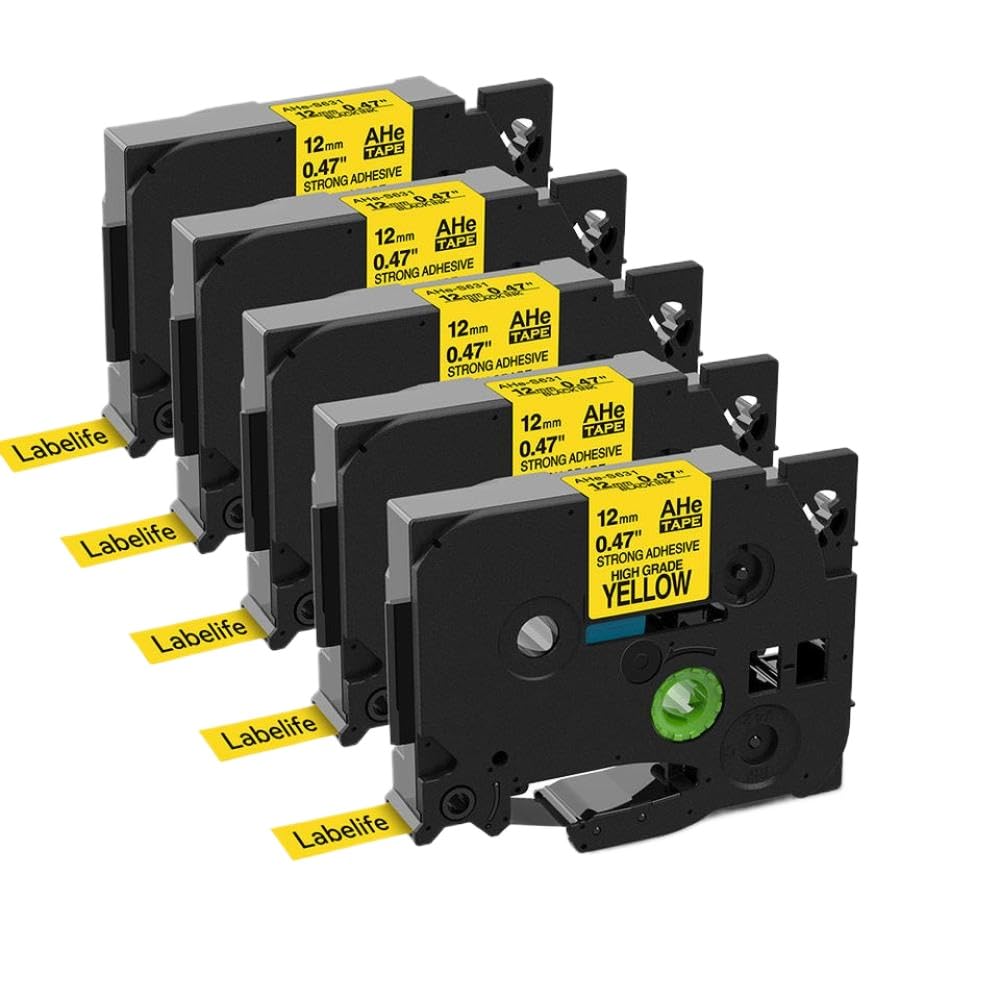 5er-Pack HGE S631-kompatibler 0,47 Zoll 12 mm x 26 2 Pi 8 m extra stark haftender Acrylklebstoff Schwarz auf Gelb Kompatibel mit den Innen- und Außenbereich