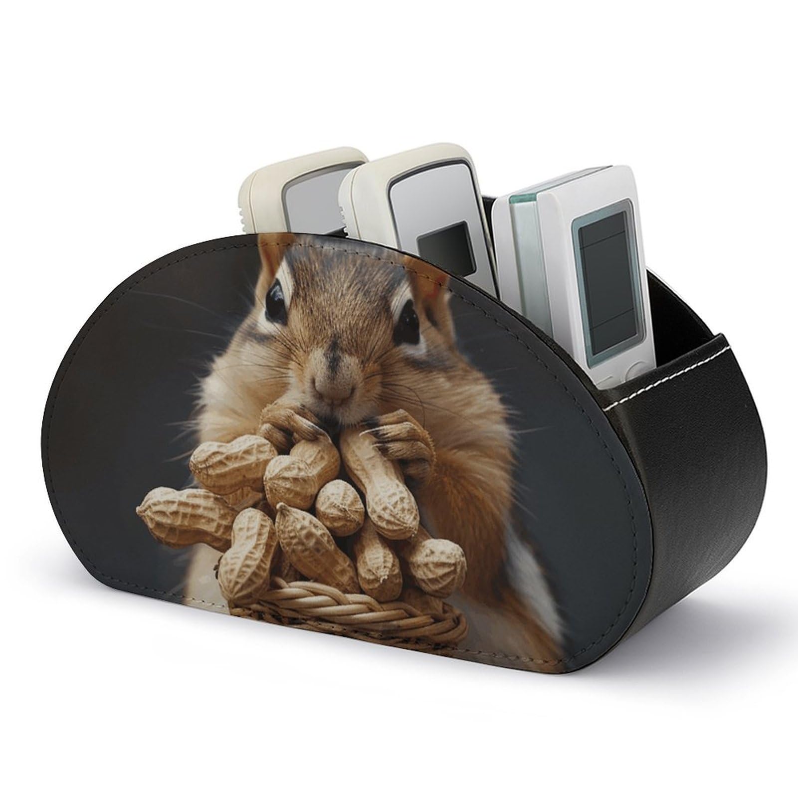DWVTSLH Squirrel And Peanut Remote Control Holder with 5 Compartments - PU Leather TV Remote Holder Remote Caddy Desktop Organizer Makeup Brush Holder, Remote Storage Box for Home Office