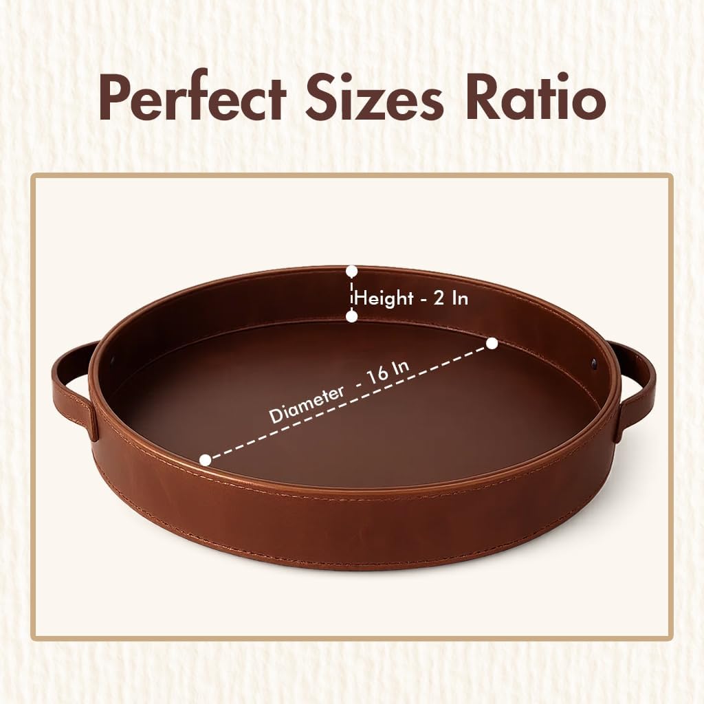 Stitched Round Leather Tray with Leather Handle Ideal for Serving Coffee Drinks Ottoman Tray for Office Home Kitchen Snack Counter Centerpiece Storage (Light Brown (16 x 16 Inch) - Image 5