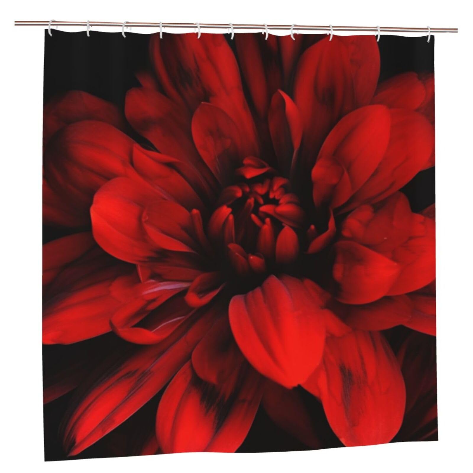 Rideau de douche imperméable à fleurs rouges et fond noir avec crochets 183x183cm