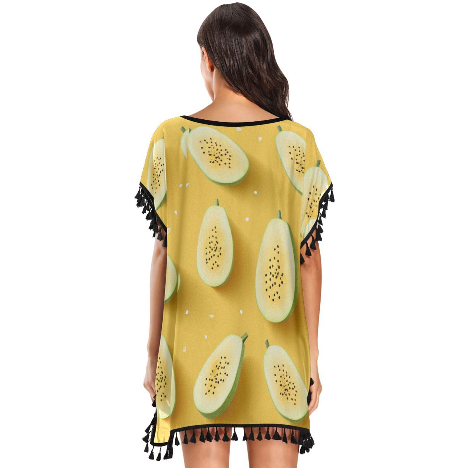 Yellow Fruit Art Women's Beach Cover Up Chiffon Tassel Swimwear Swimsuit Coverups for Girl