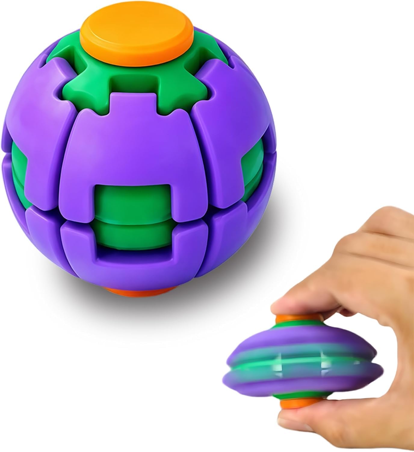 Push to Spin Fidget Stress Ball - 2 in 1 Press & Auto Rotate Decompression Toy, Dual Form Freely Switchable, Pocket Portable Fidget Spinner for Anxiety Relief (Purple)