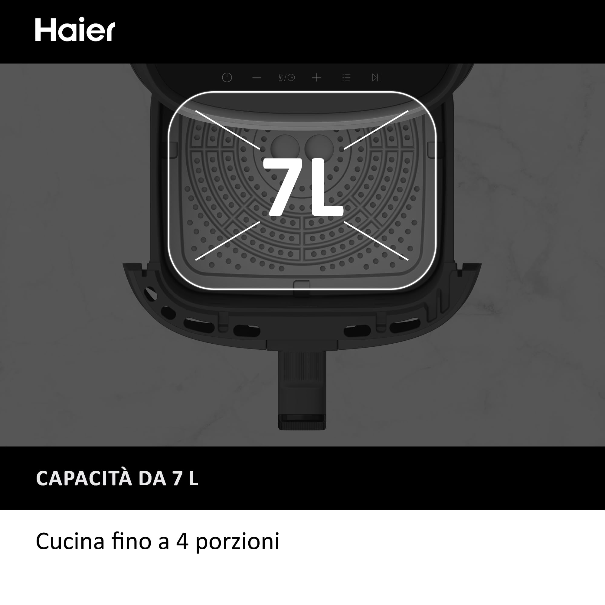 Friggitrice ad aria Haier Serie 5, 9 in 1, Display, Cuocere, Arrostire, Grigliare, Cottura Lenta, Scongelare, Yogurt, 7L, [Nero]