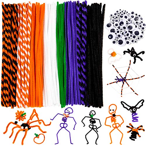 Whaline 500Pcs Halloween Pipe Cleaners Set Includes 8 Colors Chenille Stems 5 Sizes Wiggle Googly Eyes 4 Sizes Pompoms for Halloween Party DIY Art Craft Supplies (Black, Orange, White, Purple, Green)