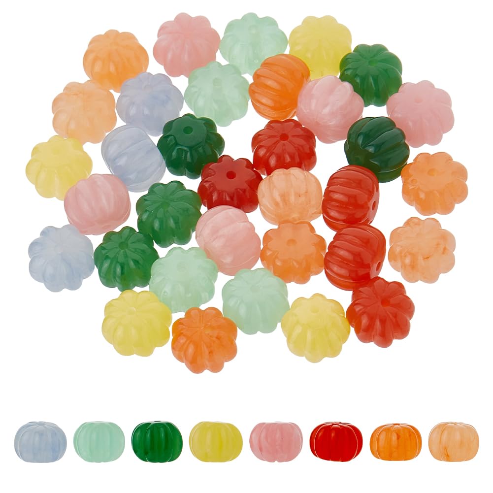 SUPERFINDINGS 40 perlas de piedra artificial de 8 colores, de plástico, forma de calabaza, colores mezclados, perlas talladas teñidas, cosecha de otoño, día de acción de gracias, cuentas de mesa para