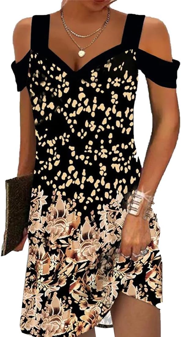 Summer Dresses for Women 2025 V Neck Cold Shoulder Vintage Printed A-Line Dress Beach Vacation Boho Midi Sundress