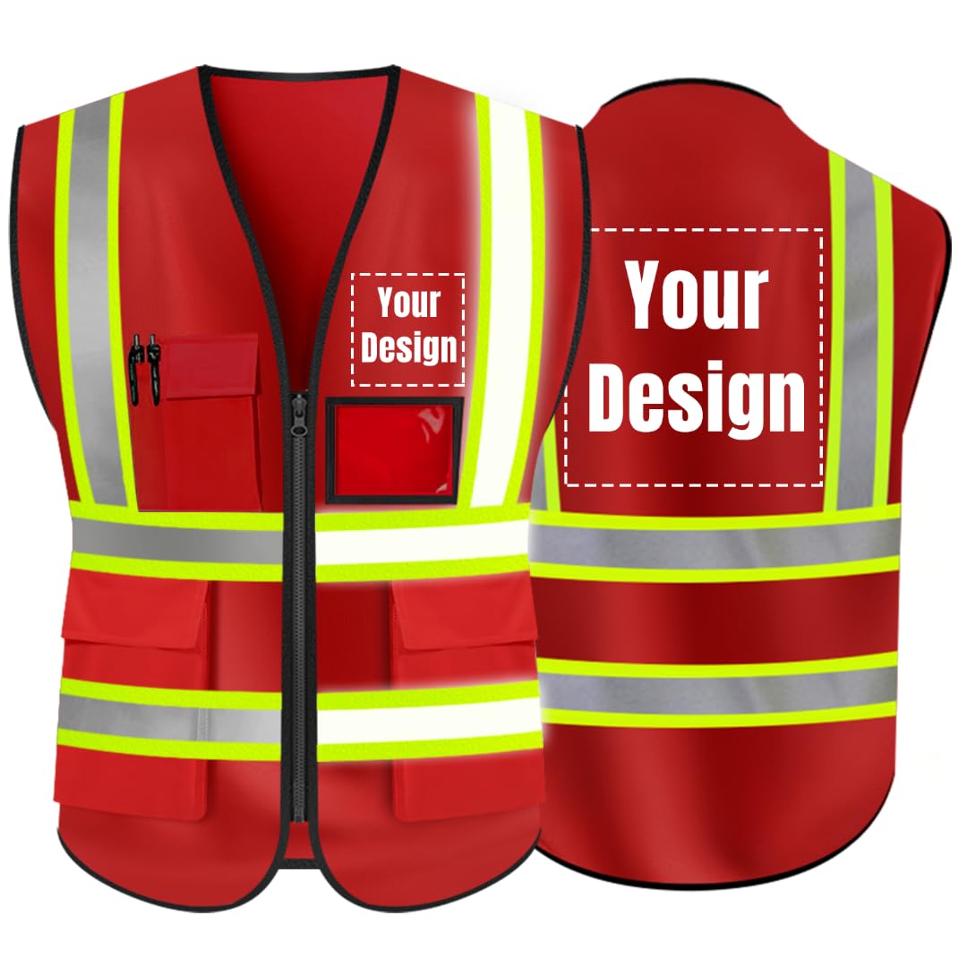 YOWESHOP High Visibility Reflective Safety Vest Customize Logo With 5 Pockets Protective Workwear Outdoor Work Vest (XL, Webbing Red)