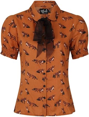 Hell Bunny Vixey Fox Print Top 50s Vintage Retro Pinup Short Sleeve Bow Blouse