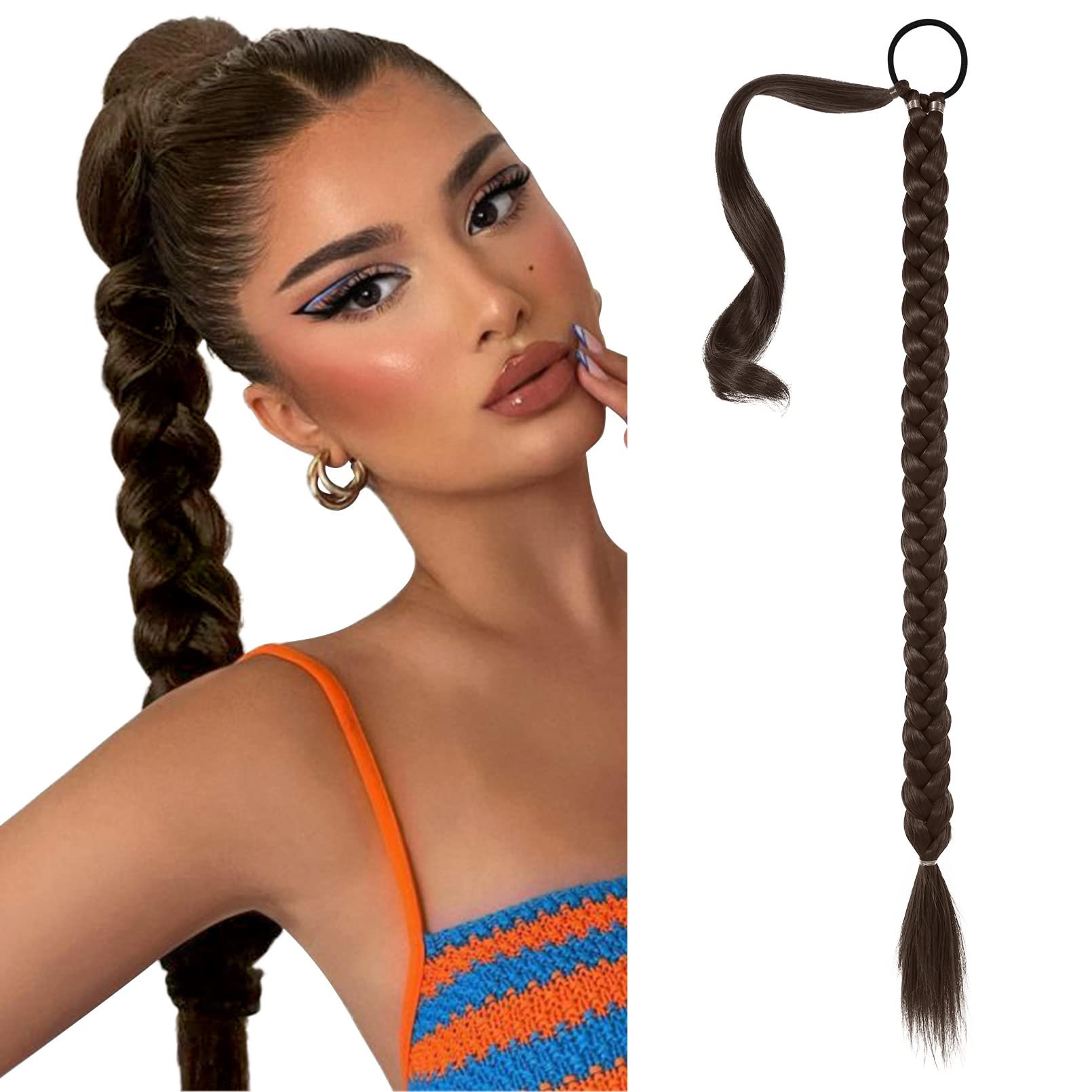 SEIKEA Long Braided Ponytail Extension with Hair Tie Straight Wrap Around Hair Extensions Ponytail Natural Soft Synthetic Hair Piece Daily Wear 30 Inch 160 Gram Black Mixed with Browns