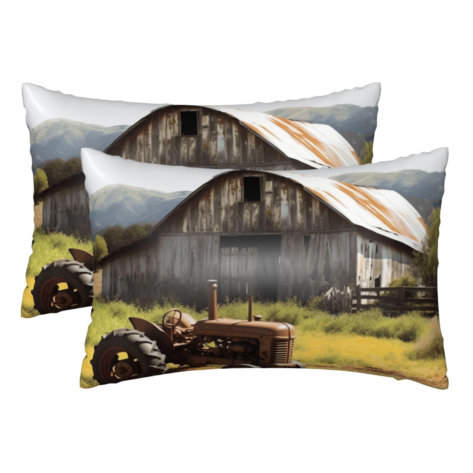 Silk Pillowcases Set of 2 Pillow Shams Breathable Soft Pillow Covers with Envelope Closure Old Wooden Barn with Rusted Tractor Pillowcases 20x30 Inches Washed Pillow Cases for Hair and Skin