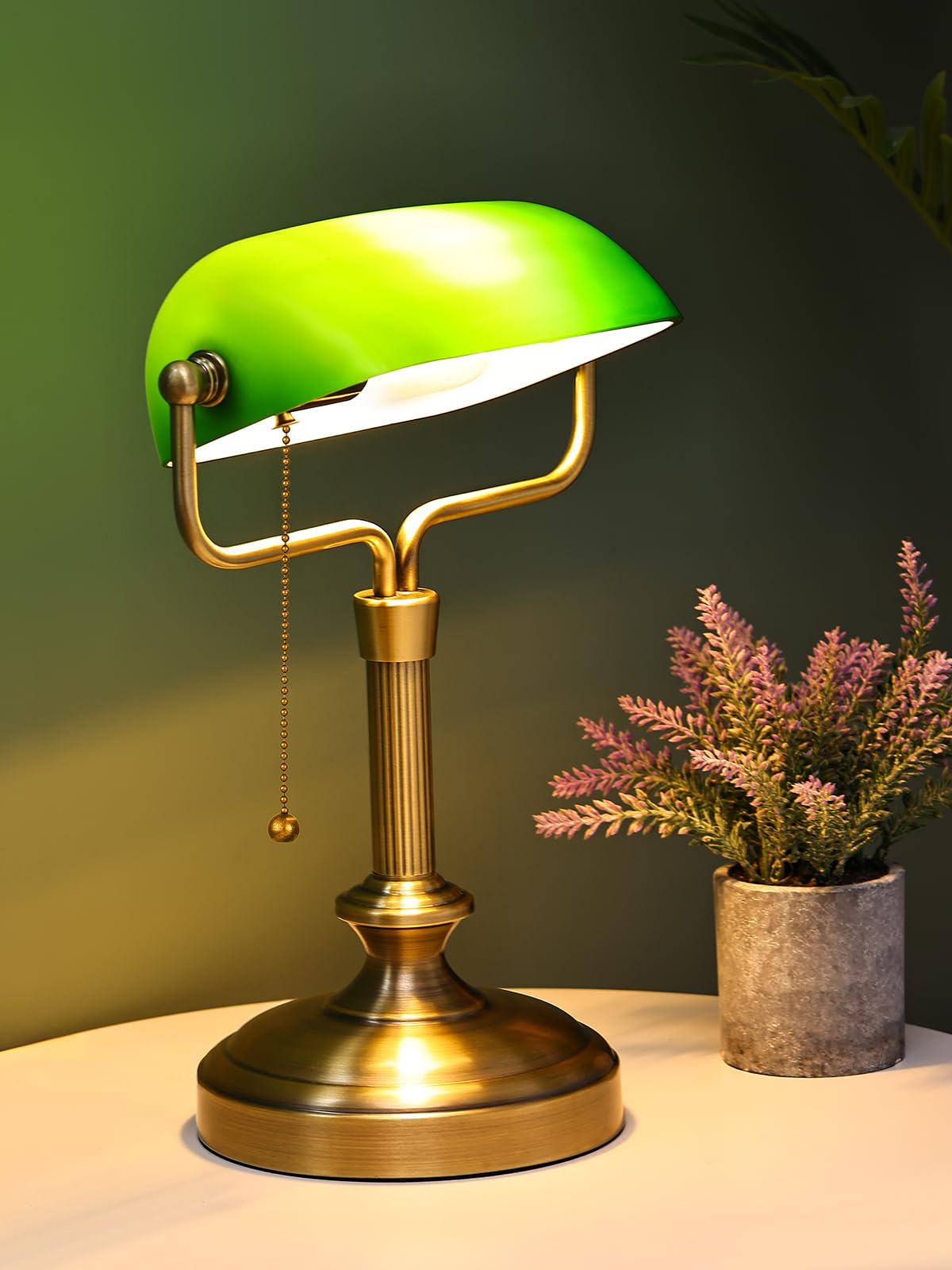 Green Bankers Lampe de bureau, abat-jour en verre réglable, lampe vintage avec interrupteur à chaîne pour bureau à domicile, lampe piano, ampoule LED 6 W incluse (bronze antique + vert)