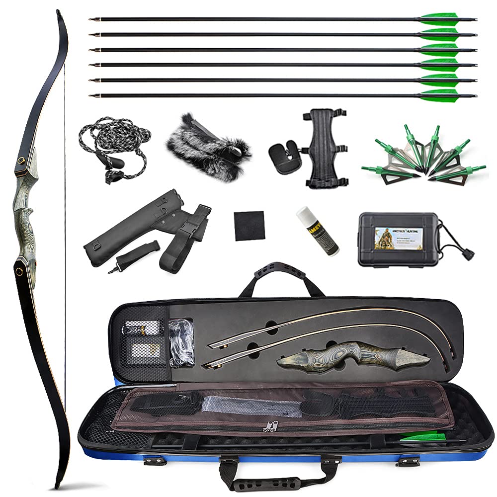 SHARROW Archery Takedown Recurve Bow and Arrows Set - America Hunting Adult Traditional Wooden Competition 25-60lbs With Case and Accessories (35lbs, Blue)