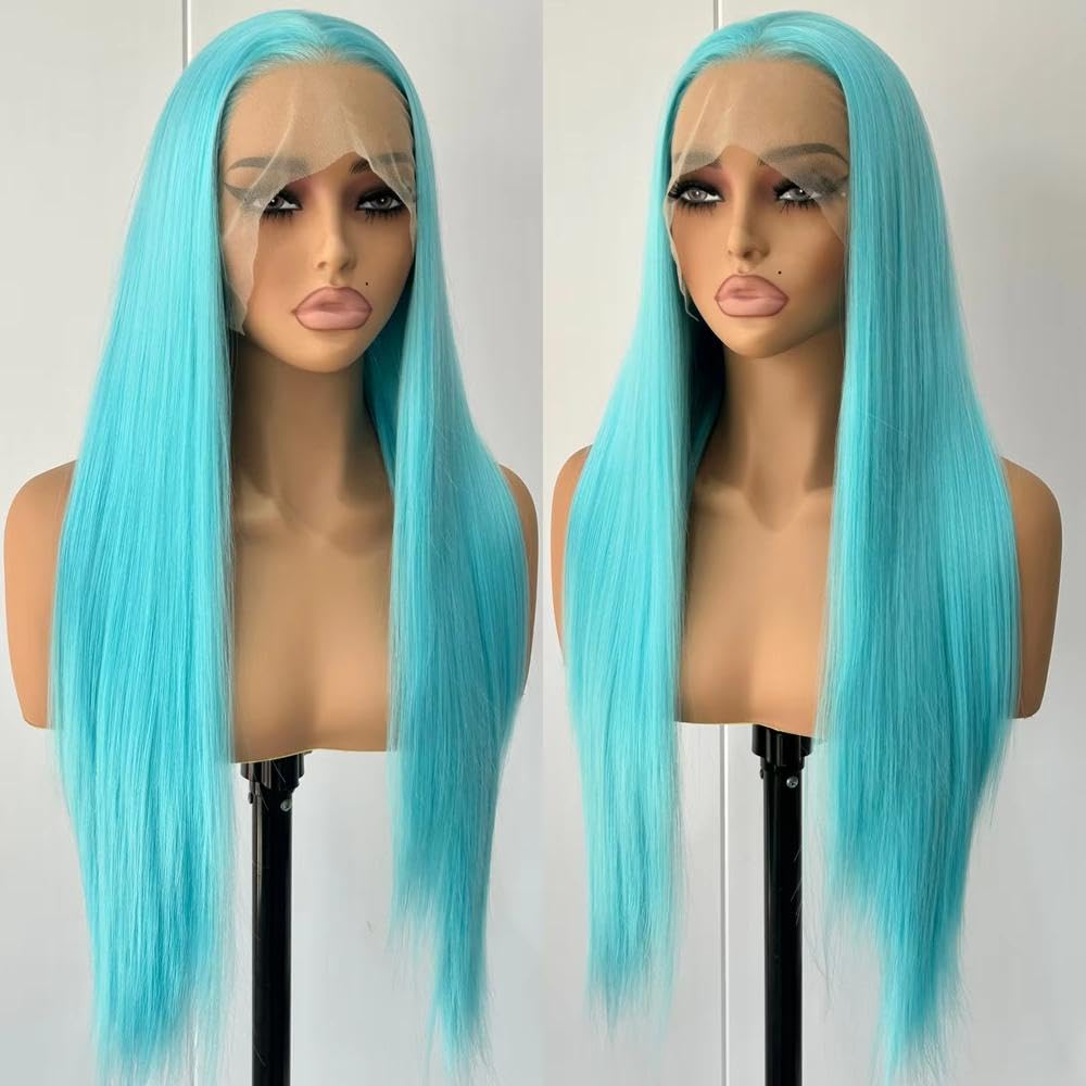 Haarpflege Hellblaue Lange Gerade Spitzenfront-Perücke Für Damen Ohne Kleber Bereit Für Tragen Für Cosplay-Partys