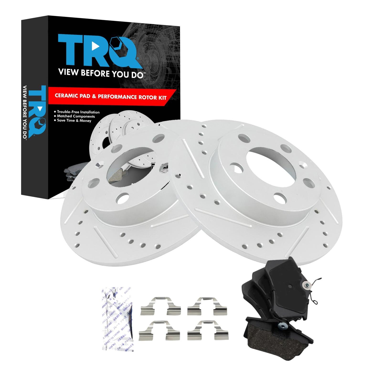 TRQ Performance Rear Brake Pad and Rotor Set Ceramic Coated Drilled Slotted Solid Rotors Compatible with 2000-2006 Audi TT 1999-2008 Volkswagen Beetle 1999-2006 Golf 1999-2005 Jetta