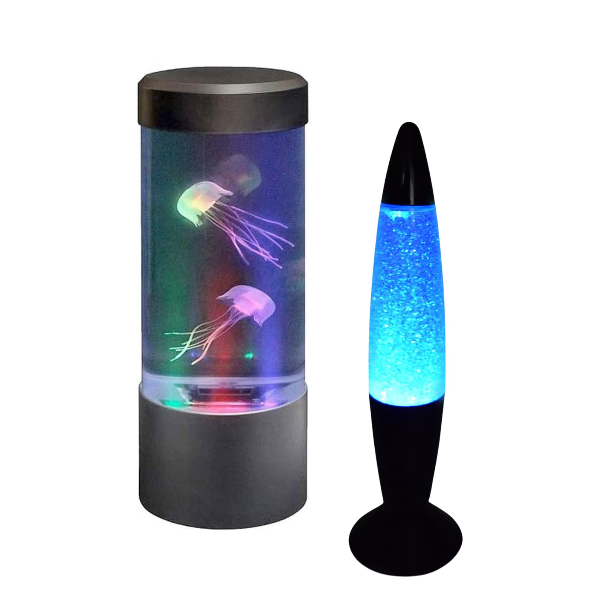 Playlearn Colour Changing LED Mood Light Round Mini Jellyfish Tank & Sensory Glitter Lamp LED, Shake and Shine Black Base