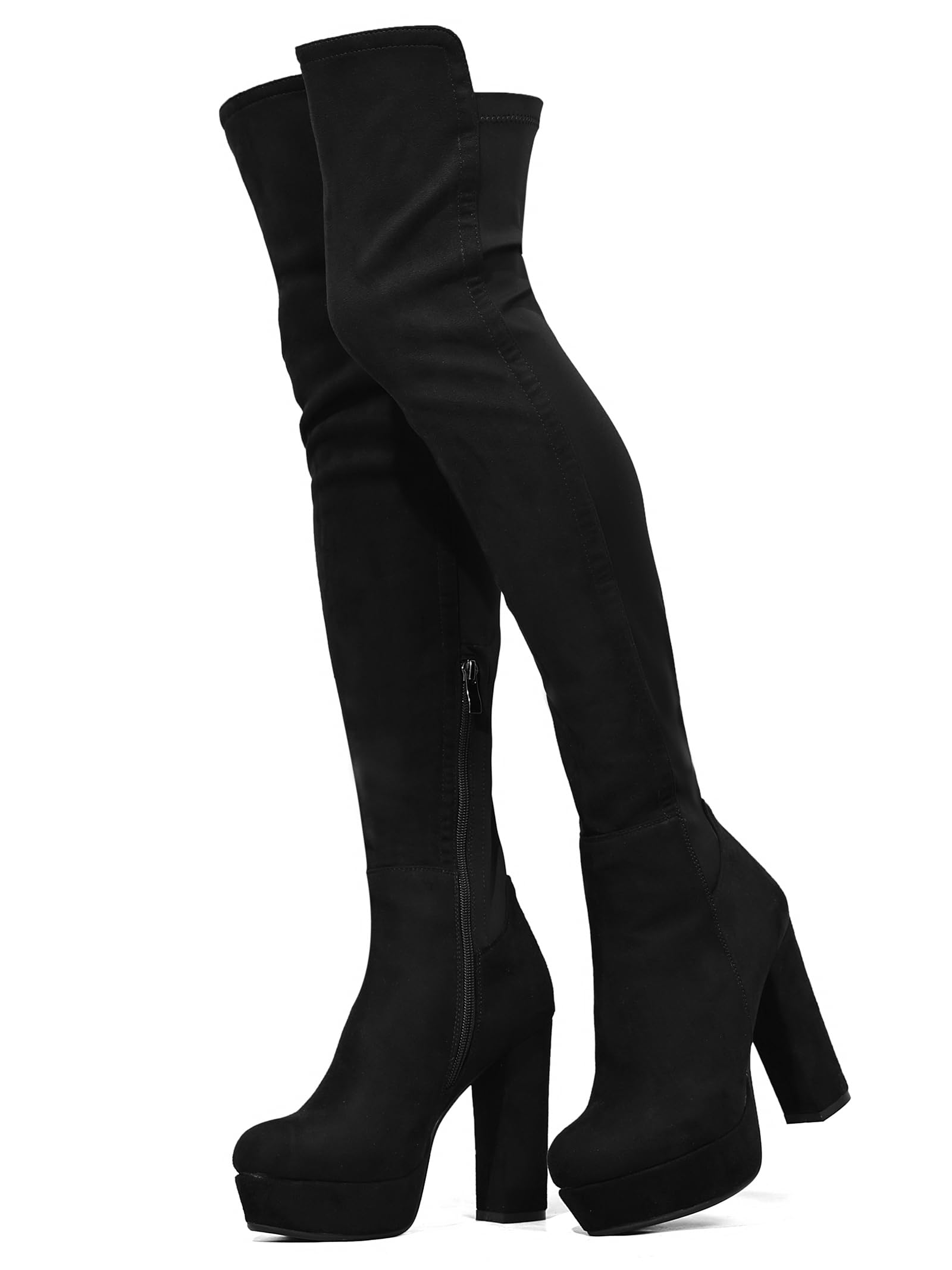 NueiVeiuo Women Thigh High Boots Chunky Heel Side Zipper