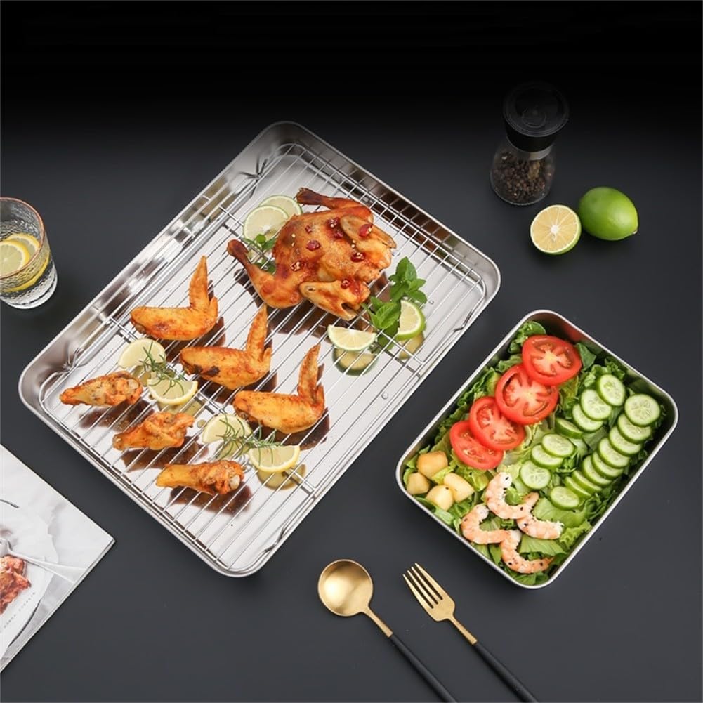 Sartén de acero inoxidable con tapa, 31 x 24 x 5 cm, versátil bandeja de refrigeración y bandeja para platos, apta para lavavajillas, perfecta para hornear y servir cenas