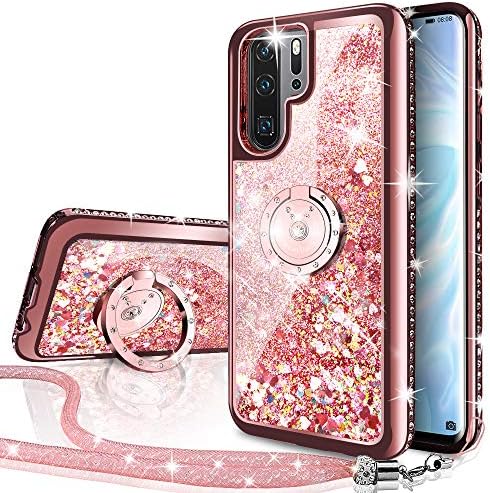 Miss Arts Compatible with Huawei P30 Pro Case, [Silverback] Moving Liquid Holographic Glitter Case With Kickstand, Girls Bling Ring Slim Cover for Huawei P30 Pro -Rose Gold