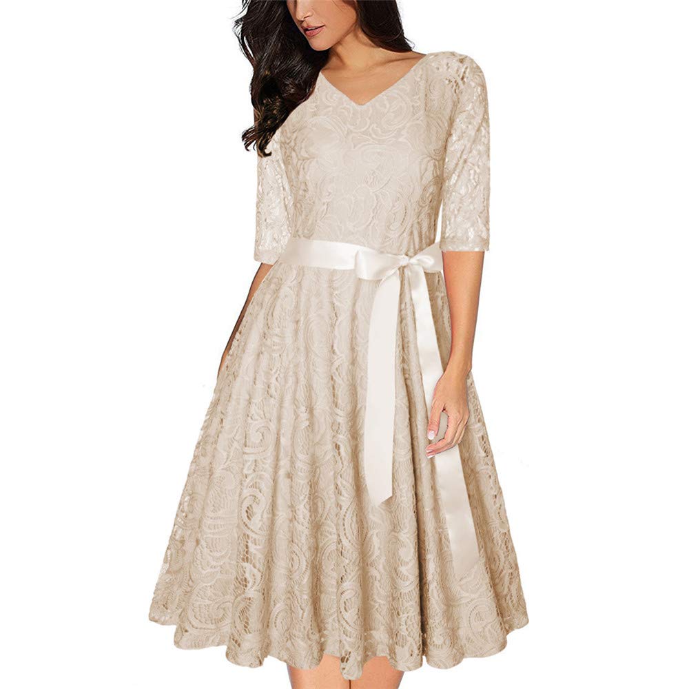 Discount boutique 2019 Europe and The United States New Sexy Solid Color V-Neck Seven-Point Sleeves lace Big Swing Fashion Dress Party Party Evening Dress