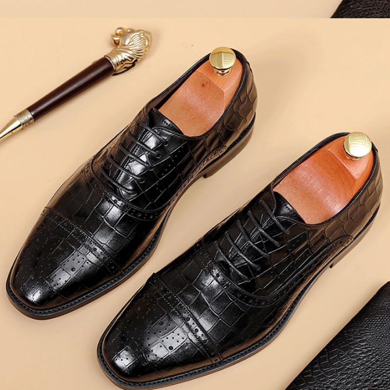 Men's Vintage Crocodile Print Strap Lace-Up Dress Shoes Comfort Handmade Round Toe Non-Slip Lug Sole Lace-Up Formal Derby Shoes for Men2