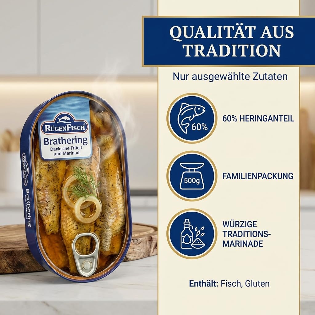 Rügenfisch 12x Brathering in Würziger Marinade, 500 g Dose, 6 kg Vorrat | Gebratener Hering mit Zwiebeln, Fischkonserve als Proteinquelle, inklusive DDR Kochbuch und Ostalgie-Karte