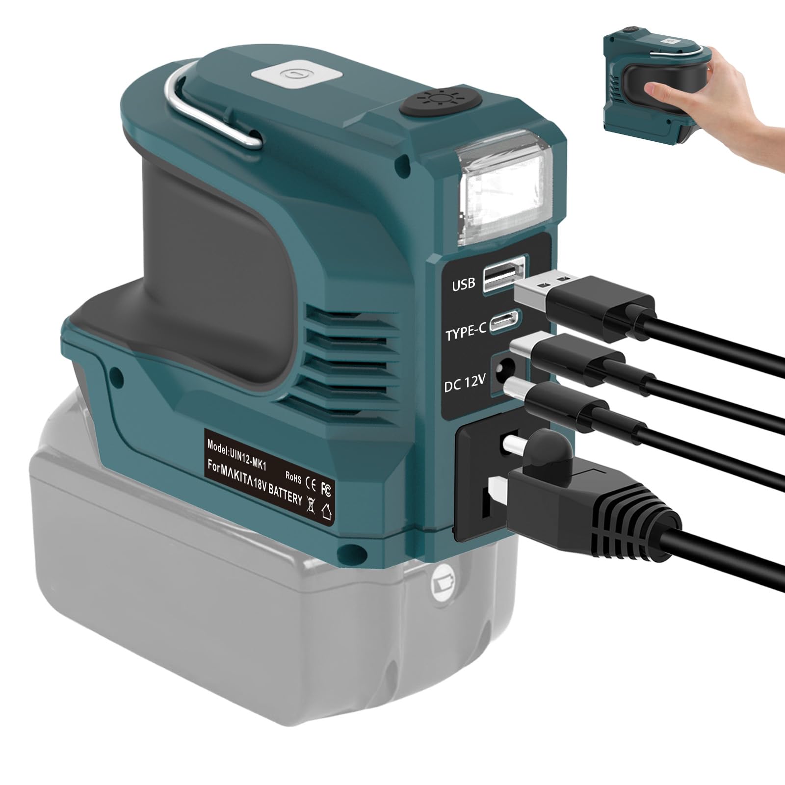 Inverter da 220 W per batteria Makita da 18 V, DC 18 V a AC 220 V, convertitore di tensione con USB QC3.0 tipo C PD connettore 12 V 5 A CC, uscita LED luce di emergenza