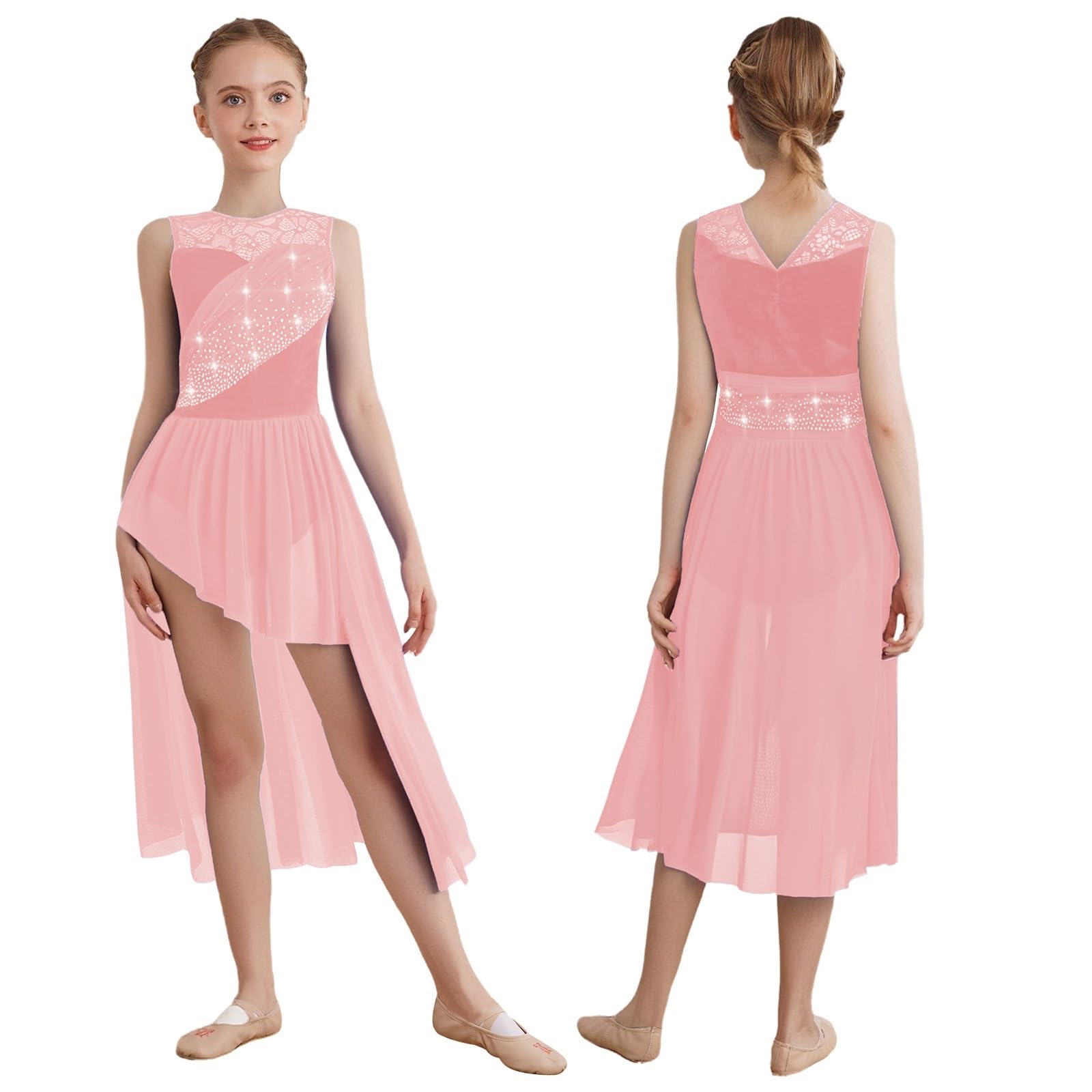 Kostüme für Lyrischen Tanz Gymnastik-Akrobatik-Ballett-Trikot, lyrisches Tanzkostüm, Spitze, gerüschtes Netz-Overlay, glitzernde Strass-Trikots, Kleid for Kinder und Mädchen
