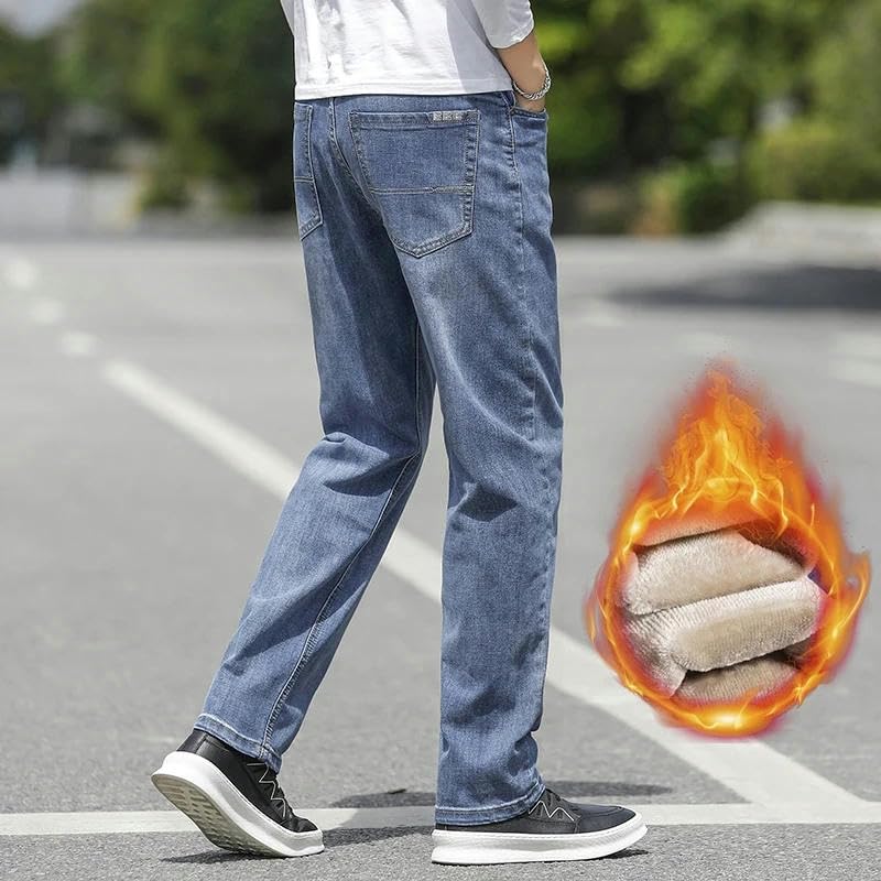 Winter Men's Velvet Thickened Jeans Classic Straight High Waist Casual Elastic Cotton Denim Pants Warm Trousers3